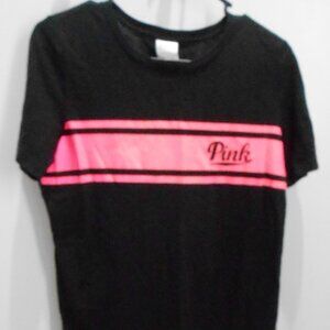 Pink by Victoria Secret Black Short Sleeve T-Shirt Pink Stripe Logo Size-Med